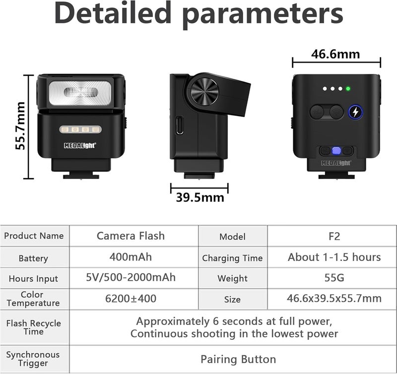 MEDALight فلاش كاميرا ميني F2 2.4GHz لاسلكي خارج الكاميرا لفوجي/كانون ZV1/نيكون/ريكو GR3/كاميرا رقمية/فلاش حذاء ساخن لكاميرا DSLR/قاعدة مغناطيسية وتحكم عن بعد 10م (أسود) - Image 3
